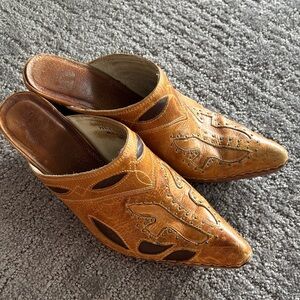 Frye Brown Leather Embroidered Women's Mules